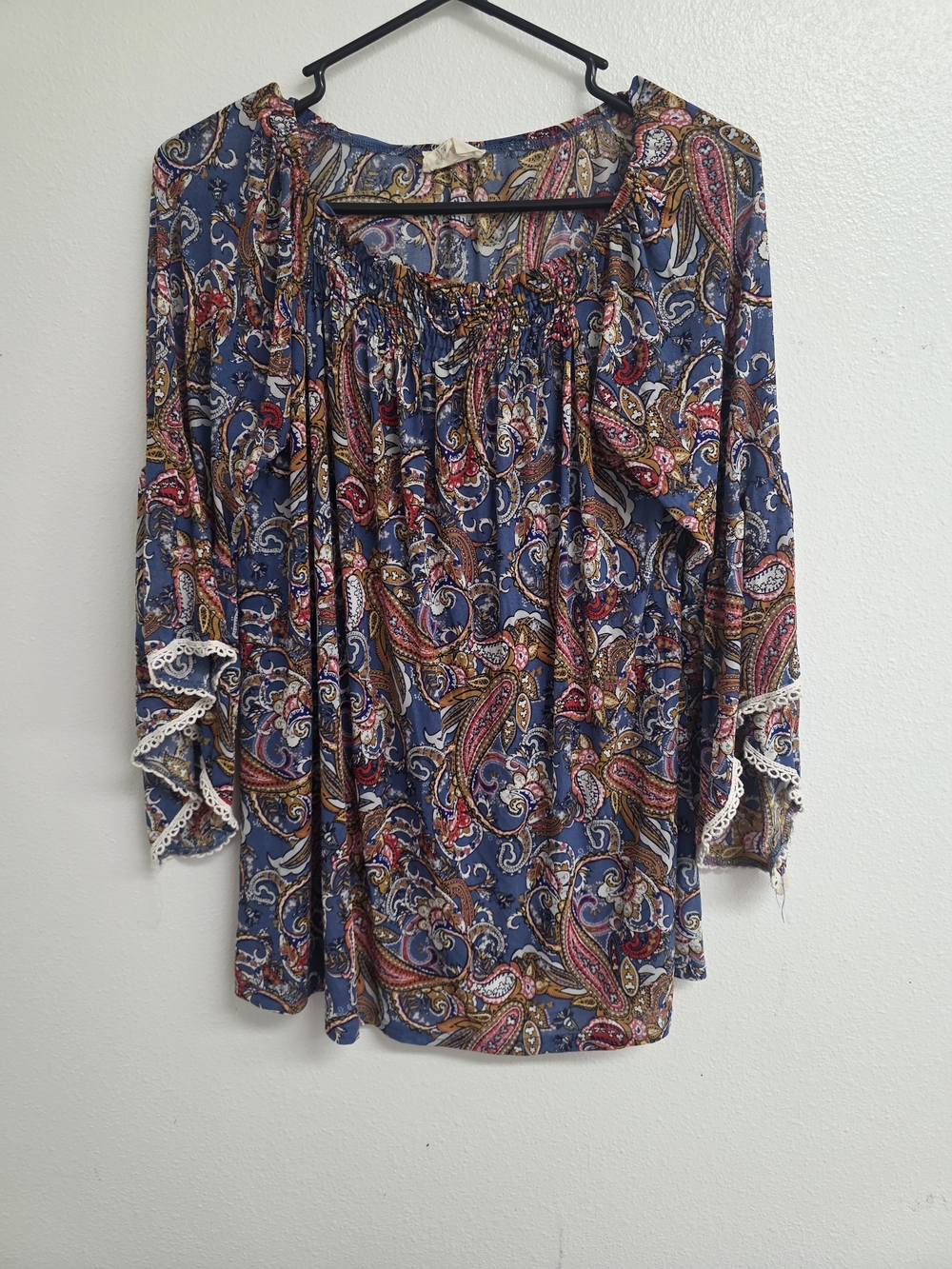 Navy Paisley Peasant Tunic with Crochet Sleeve Trim (0725)